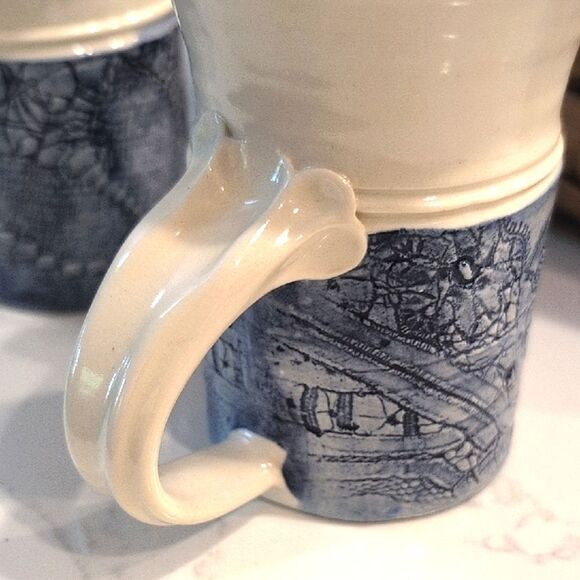 Hand Crafted Blue and Cream Art Pottery Coffee Cups Vintage Tea Mugs Set of 2 - Picture 10 of 12